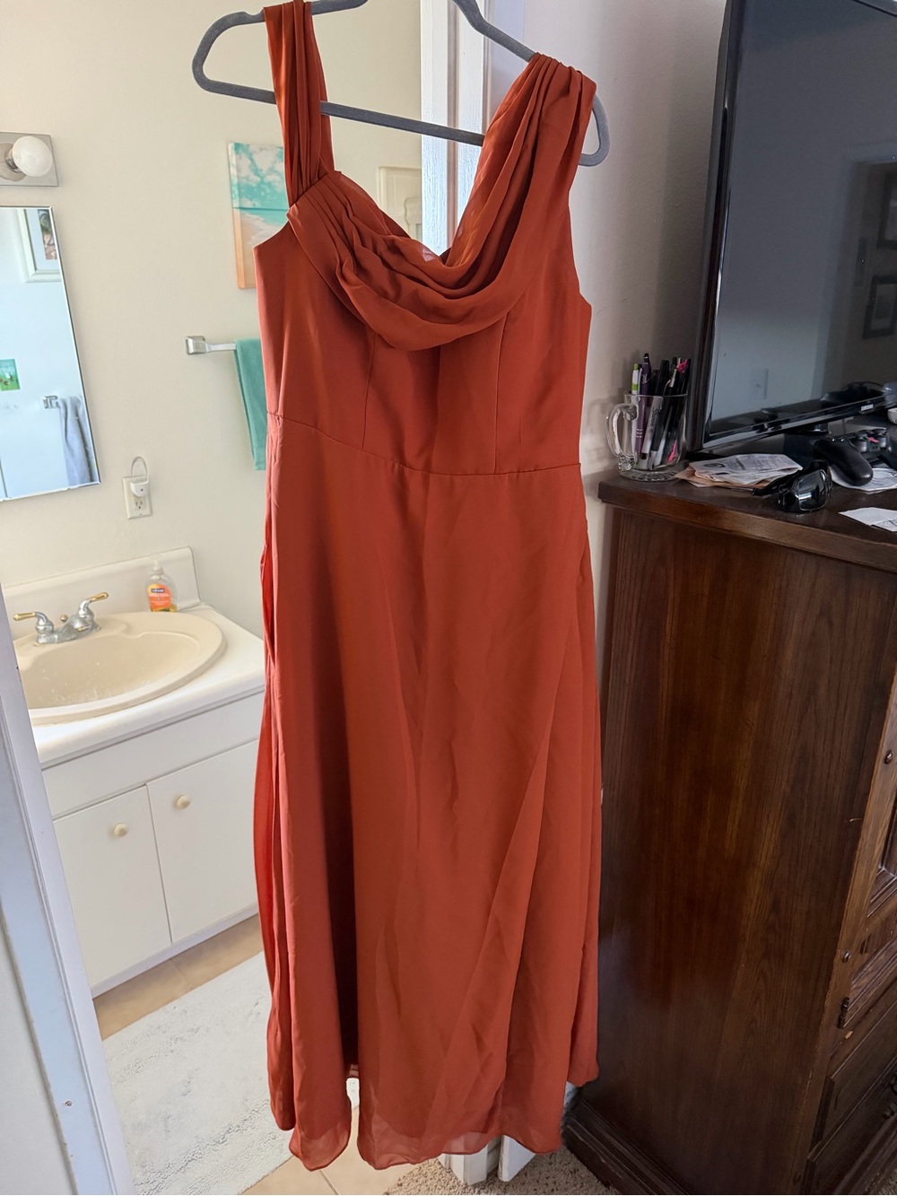 Elegant Rust Red Sleeveless Draped Neck Dress NWT - Picture 1 of 3